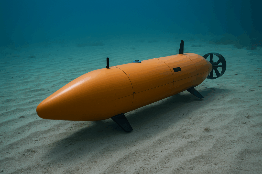 UUV 무인 수중 드론이 해저 모래 지형에서 정찰 대기 중인 모습